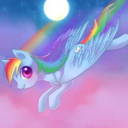 Size: 2222x2222 | Tagged: safe, artist:jacky-bunny, character:rainbow dash, species:pegasus, species:pony, female, flying, high res, mare, moon, night, rainbow trail, smiling, solo