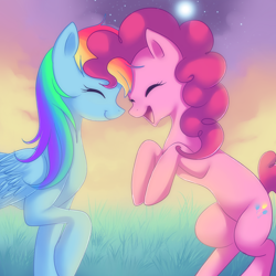 Size: 2222x2222 | Tagged: safe, artist:jacky-bunny, character:pinkie pie, character:rainbow dash, species:earth pony, species:pegasus, species:pony, ship:pinkiedash, eyes closed, female, high res, lesbian, mare, rearing, shipping, smiling
