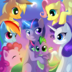 Size: 2222x2222 | Tagged: safe, artist:jacky-bunny, character:applejack, character:fluttershy, character:pinkie pie, character:rainbow dash, character:rarity, character:spike, character:twilight sparkle, species:dragon, species:earth pony, species:pegasus, species:pony, species:unicorn, female, high res, hug, male, mane seven, mane six, mare, smiling, spikelove