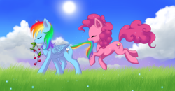 Size: 3660x1900 | Tagged: safe, artist:jacky-bunny, character:pinkie pie, character:rainbow dash, species:earth pony, species:pegasus, species:pony, ship:pinkiedash, cherry, cloud, cloudy, cute, eyes closed, female, grass, happy, lesbian, mare, mouth hold, outdoors, shipping, sun, tail bite, walking, wallpaper