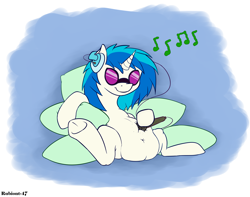 Size: 2122x1668 | Tagged: safe, artist:rubiont, character:dj pon-3, character:vinyl scratch, species:pony, species:unicorn, belly, belly button, fat, gurgling, listening, my little pony, pillow, plump, pudgy, relaxing, song, stomach noise, sunglasses, underhoof, vinyl fat, weight gain