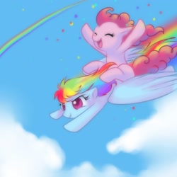 Size: 2222x2222 | Tagged: safe, artist:jacky-bunny, character:pinkie pie, character:rainbow dash, species:earth pony, species:pegasus, species:pony, ship:pinkiedash, cloud, confetti, female, floppy ears, flying, high res, lesbian, mare, ponies riding ponies, rainbow, riding, shipping, sky