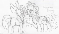 Size: 2776x1608 | Tagged: dead source, safe, artist:enigmaticfrustration, character:apple bloom, character:diamond tiara, species:earth pony, species:pony, ship:diamondbloom, blushing, bow, crying, female, filly, hair bow, lesbian, lineart, monochrome, raised hoof, shipping, tiaralove