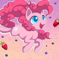 Size: 2222x2222 | Tagged: safe, artist:jacky-bunny, character:pinkie pie, species:earth pony, species:pony, abstract background, blueberry, colored pupils, female, food, happy, high res, jumping, mare, outline, solo, strawberry