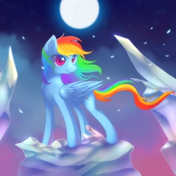Size: 2222x2222 | Tagged: safe, artist:jacky-bunny, character:rainbow dash, species:pegasus, species:pony, female, high res, mare, moon, night, smiling, solo, windswept mane