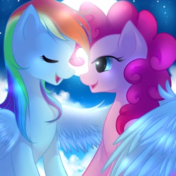 Size: 2222x2222 | Tagged: safe, artist:jacky-bunny, character:pinkie pie, character:rainbow dash, species:earth pony, species:pegasus, species:pony, ship:pinkiedash, backlighting, female, high res, hug, lesbian, mare, moon, night, shipping, winghug