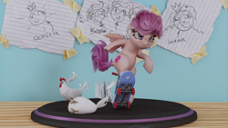 Size: 1280x720 | Tagged: safe, artist:v747, character:scootaloo, species:bird, species:chicken, species:pegasus, species:pony, 3d, cutie mark, female, filly, scooter, skateboard, skaterloo, solo