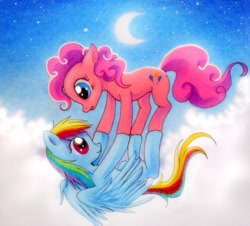 Size: 1500x1354 | Tagged: safe, artist:jacky-bunny, character:pinkie pie, character:rainbow dash, species:earth pony, species:pegasus, species:pony, ship:pinkiedash, balancing, cute, female, flying, lesbian, mare, moon, night, shipping, sky