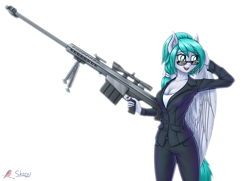 Size: 1200x868 | Tagged: safe, artist:skorpionletun, oc, oc only, oc:sky fang, species:anthro, anthro oc, barrett m82, clothing, female, glasses, gun, military, no trigger discipline, signature, simple background, solo, suit, sunglasses, weapon, white background, ych result