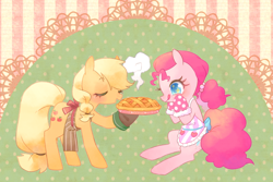 Size: 1280x853 | Tagged: safe, artist:kkmrarar, character:applejack, character:pinkie pie, species:earth pony, species:pony, ship:applepie, apple, apple pie, apron, blep, clothing, cute, eyes closed, female, food, holiday, hoof hold, lesbian, mare, oven mitts, pie, pun, shipping, silly, starry eyes, thanksgiving, tongue out, wingding eyes
