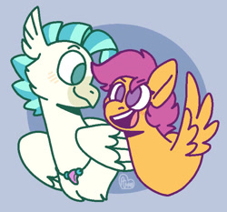 Size: 660x616 | Tagged: safe, artist:sandwichbuns, character:scootaloo, character:terramar, species:classical hippogriff, species:hippogriff, species:pegasus, species:pony, ship:terraloo, female, interspecies, male, shipping, straight