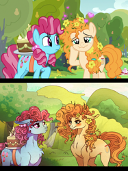 Size: 2986x3996 | Tagged: safe, artist:marbola, character:cup cake, character:pear butter, species:earth pony, species:pony, episode:the perfect pear, g4, my little pony: friendship is magic, best friends, blushing, cake, chest fluff, chiffon swirl, female, flower, flower in hair, food, friends, mare, scene interpretation, smiling