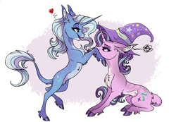 Size: 2857x1976 | Tagged: safe, artist:marbola, character:starlight glimmer, character:trixie, species:classical unicorn, species:pony, species:unicorn, ship:startrix, :t, accessory swap, bipedal, butt fluff, cheek fluff, chest fluff, clothing, cloven hooves, colored hooves, cute, ear fluff, engrish, eye contact, eyeshadow, featured on derpibooru, female, floppy ears, fluffy, hat, heart, leg fluff, leonine tail, lesbian, lidded eyes, looking at each other, makeup, mare, open mouth, pale belly, profile, pubic fluff, raised leg, shipping, simple background, sitting, smiling, squishy cheeks, tail fluff, trixie's hat, unamused, unshorn fetlocks, white background