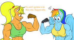 Size: 1941x1042 | Tagged: safe, artist:calm wind, artist:matchstickman, edit, character:applejack, character:rainbow dash, species:anthro, 1000 years in photoshop, abs, applejacked, biceps, breasts, busty applejack, busty rainbow dash, cleavage, clothing, comparison, competition, flexing, gloves, midriff, muscles, rainbuff dash, size difference, sports bra