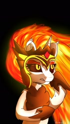 Size: 1080x1920 | Tagged: safe, artist:avery-valentine, character:daybreaker, character:princess celestia, species:alicorn, species:pony, black background, bust, female, hoof shoes, mane of fire, portrait, simple background, solo
