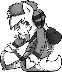Size: 775x908 | Tagged: safe, artist:secret-pony, oc, oc only, species:lamia, backpack, bear trap, black and white, buck legacy, card art, coonskin cap, determined, grayscale, looking at you, monochrome, original species, rope, simple background, snake pony, solo, transparent background, trap, winter outfit