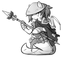 Size: 1612x1437 | Tagged: safe, artist:secret-pony, oc, oc only, species:lamia, armor, armor skirt, bandage, black and white, buck legacy, card art, cloak, clothing, determined, eye scar, eyelashes, female, grayscale, hat, kasa, looking at you, monochrome, original species, princess, rope, scar, simple background, skirt, slit eyes, solo, spear, spikes, transparent background, weapon