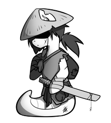 Size: 950x1050 | Tagged: safe, artist:secret-pony, oc, oc only, species:lamia, bandage, bindle, black and white, buck legacy, card art, clothing, grayscale, japanese, kasa, katana, male, monochrome, original species, ponytail, ronin, scar, simple background, solo, sword, torn ear, transparent background, tunic, weapon