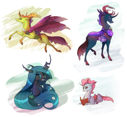 Size: 4700x4329 | Tagged: safe, artist:marbola, character:ocellus, character:pharynx, character:prince pharynx, character:queen chrysalis, character:thorax, species:changeling, species:reformed changeling, absurd resolution, book, bust, changeling king, changeling prince, changeling queen, eyelashes, eyeshadow, fangs, female, floppy ears, high res, horn, long mane, long tongue, looking at you, makeup, male, missing accessory, open mouth, prone, raised hoof, raised leg, reading, side view, simple background, slit eyes, smiling, sparkles, spread wings, standing, tongue out, white background, wings