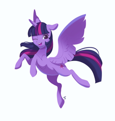 Size: 1950x2048 | Tagged: safe, artist:clockworkquartet, character:twilight sparkle, character:twilight sparkle (alicorn), species:alicorn, species:pony, female, flying, mare, one eye closed, simple background, solo, spread wings, white background, wings
