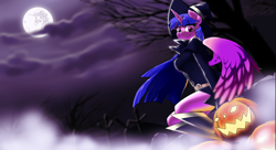Size: 1200x655 | Tagged: safe, artist:iloota, character:twilight sparkle, character:twilight sparkle (alicorn), species:alicorn, species:anthro, species:pony, female, fog, full moon, halloween, holiday, jack-o-lantern, looking at you, mare in the moon, moon, night, pumpkin, solo