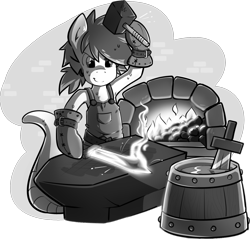 Size: 1378x1319 | Tagged: safe, artist:secret-pony, oc, oc only, species:lamia, anvil, black and white, blacksmith, buck legacy, card art, clothing, fire, forge, forging, gloves, grayscale, hammer, male, monochrome, original species, ponytail, simple background, solo, sweat, sword, transparent background, weapon