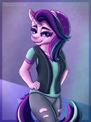 Size: 1500x2000 | Tagged: safe, artist:midnightsix3, character:starlight glimmer, species:anthro, species:pony, species:unicorn, equestria girls:mirror magic, g4, my little pony: equestria girls, my little pony:equestria girls, spoiler:eqg specials, beanie, clothing, equestria girls outfit, female, hat, mare, pants, shirt, smiling, solo, vest