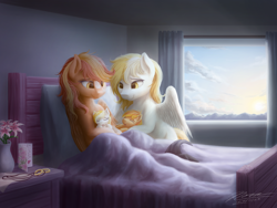 Size: 1024x768 | Tagged: safe, artist:novaintellus, oc, oc only, oc:lily dreams, oc:serenity, oc:sunny skies, oc:white feather, species:pegasus, species:pony, baby, baby pony, bedroom, commission, family, female, foal, male, mare, married couple, mountain, mountain range, offspring, parent:oc:serenity, parent:oc:white feather, parents:serenither, scenery, serenither, shipping, sleeping, stallion, straight
