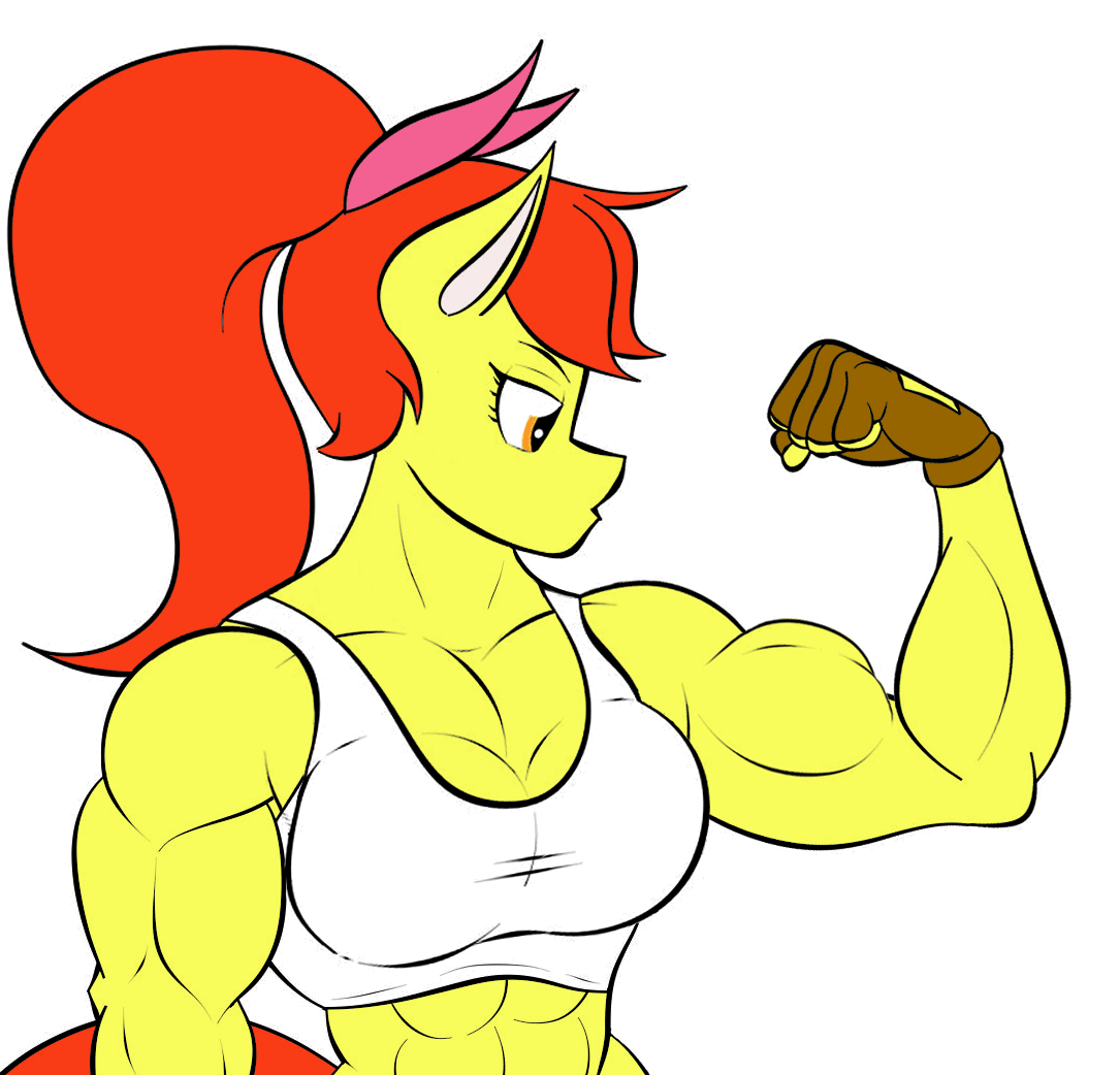 Size: 1085x1042 | Tagged: safe, artist:calm wind, artist:matchstickman, character:apple bloom, species:anthro, species:earth pony, species:pony, abs, amazon, animated, apple brawn, biceps, breasts, busty apple bloom, clothing, female, flexing, frame by frame, gif, gloves, loop, matchstickman's apple brawn series, muscles, older, older apple bloom, solo, sports bra