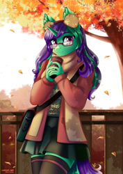 Size: 707x1000 | Tagged: safe, artist:lifejoyart, oc, oc only, oc:buggy code, species:anthro, species:pony, species:unicorn, anthro oc, bag, clothing, coffee, commission, cup, cute, drink, earmuffs, female, glasses, jacket, looking at you, mare, moe, scarf, skirt, smiling, socks, solo, thigh highs, tree, ych result, zettai ryouiki