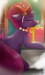 Size: 1152x1920 | Tagged: safe, artist:php97, character:fizzlepop berrytwist, character:tempest shadow, species:pony, species:unicorn, antlers, bell, bell collar, broken horn, christmas, clothing, collar, costume, cute, dock, female, holiday, horn, present, red nose, reindeer antlers, rudolf the red nosed reindeer, sleeping, smiling, solo, tempestbetes, underhoof