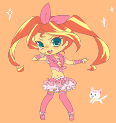 Size: 1200x1266 | Tagged: safe, artist:kkmrarar, character:sunset shimmer, species:human, my little pony:equestria girls, alternate hairstyle, ami koshimizu, belly button, blushing, cat, chibi, clothing, cure melody, female, houjou hibiki, humanized, hummy, japanese, looking at you, magical sunset-chan, midriff, open mouth, orange background, precure, shoes, simple background, skirt, socks, solo, suite precure, thigh highs, voice actor joke
