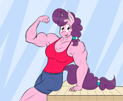 Size: 1349x1112 | Tagged: safe, artist:matchstickman, character:sugar belle, species:anthro, species:pony, species:unicorn, armpits, biceps, breasts, busty sugar belle, clothing, deltoids, female, flexing, leaning back, looking at you, mare, muscles, muscular female, solo, sugar barbell, triceps