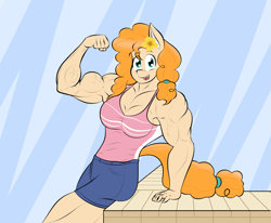 Size: 1349x1112 | Tagged: safe, alternate version, artist:matchstickman, character:pear butter, species:anthro, species:earth pony, species:pony, armpits, biceps, breasts, busty pear butter, clothing, deltoids, female, flexing, leaning back, looking at you, mare, muscles, muscular female, pear buffer, solo, triceps