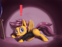 Size: 900x695 | Tagged: safe, artist:aphexangel, character:scootaloo, species:pegasus, species:pony, caught, cookie, cookie thief, cute, cutealoo, exclamation point, female, filly, konami, metal gear, mouth hold, sneaking, stalkerloo, thief