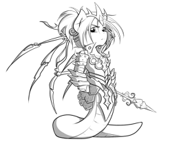 Size: 1877x1592 | Tagged: safe, artist:secret-pony, oc, oc only, oc:queen valaria, species:lamia, armor, black and white, buck legacy, card art, crown, grayscale, jewelry, looking at you, monochrome, original species, regalia, simple background, snake pony, solo, spikes, staff, transparent background