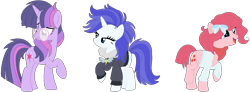 Size: 1252x462 | Tagged: safe, artist:bezziie, character:pinkie pie, character:rarity, character:twilight sparkle, species:pony, episode:magical mystery cure, g4, my little pony: friendship is magic, alternate design, bomber jacket, clothing, glasses, jacket, simple background, swapped cutie marks, sweater, transparent background