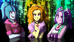 Size: 2770x1558 | Tagged: safe, artist:namygaga, character:adagio dazzle, character:aria blaze, character:sonata dusk, equestria girls:rainbow rocks, g4, my little pony: equestria girls, my little pony:equestria girls, 2017, clothing, fingerless gloves, gem, gloves, looking at you, open mouth, siren gem, smiling, the dazzlings
