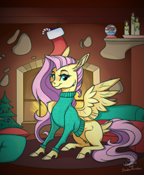 Size: 1747x2117 | Tagged: safe, artist:marbola, artist:php97, character:fluttershy, species:pegasus, species:pony, bottomless, candy, candy cane, christmas, christmas tree, clothing, cloven hooves, collaboration, comfy, cozy, female, fireplace, food, holiday, looking at you, mare, missing cutie mark, partial nudity, sitting, snow globe, solo, sweater, sweatershy, tail feathers, tree, unshorn fetlocks