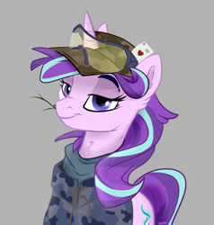 Size: 900x945 | Tagged: safe, artist:rutkotka, character:starlight glimmer, species:pony, species:unicorn, camouflage, clothing, female, gray background, hat, looking at you, mare, playing card, safety goggles, simple background, soldier, solo