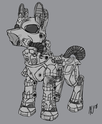 Size: 3417x4120 | Tagged: safe, artist:dombrus, oc, oc only, oc:steelhooves, species:earth pony, species:pony, fallout equestria, armor, bullet hole, fanfic, fanfic art, hooves, male, power armor, simple background, solo, stallion, steel ranger, steel rangers