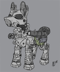Size: 3417x4120 | Tagged: safe, artist:dombrus, oc, oc only, oc:steelhooves, species:earth pony, species:pony, fallout equestria, armor, bullet hole, fanfic, fanfic art, gray background, grenade launcher, gun, hooves, machine gun, male, minigun, power armor, simple background, solo, stallion, steel ranger, steel rangers, weapon