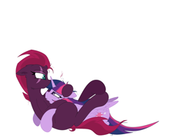 Size: 1748x1372 | Tagged: safe, artist:groomlake, character:fizzlepop berrytwist, character:tempest shadow, character:twilight sparkle, character:twilight sparkle (alicorn), species:alicorn, species:pony, species:unicorn, ship:tempestlight, my little pony: the movie (2017), colored, female, hug, legs in air, lesbian, love, lying down, mare, relaxing, shipping, simple background, snuggling, white background