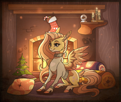 Size: 2525x2117 | Tagged: safe, artist:marbola, character:fluttershy, bottomless, candy, candy cane, christmas, christmas tree, clothing, comfy, cozy, female, fireplace, food, holiday, partial nudity, sitting, snow globe, solo, sweater, sweatershy, tail feathers, tree