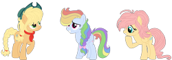 Size: 1272x441 | Tagged: safe, artist:bezziie, character:applejack, character:fluttershy, character:rainbow dash, species:pony, alternate hairstyle, simple background, swapped cutie marks, transparent background