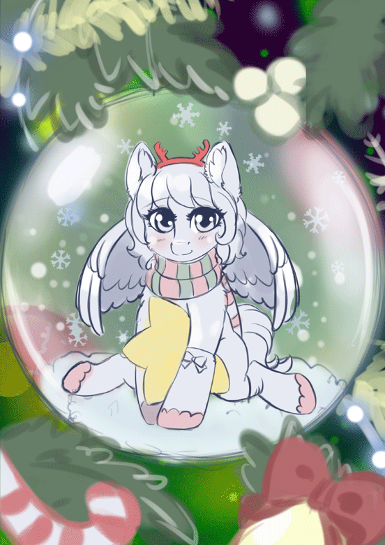 Size: 552x780 | Tagged: safe, artist:lifejoyart, oc, species:pegasus, species:pony, animated, blushing, bow, candy, candy cane, christmas, christmas lights, christmas tree, clothing, commission, cute, ear fluff, female, floppy ears, food, gif, holiday, looking at you, mare, scarf, smiling, snow, snow globe, snowfall, stars, tree, your character here