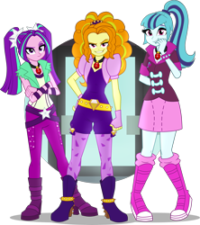 Size: 4376x4939 | Tagged: safe, artist:namygaga, character:adagio dazzle, character:aria blaze, character:sonata dusk, equestria girls:rainbow rocks, g4, my little pony: equestria girls, my little pony:equestria girls, absurd resolution, boots, clothing, gem, grin, high heel boots, jewelry, leggings, looking at you, miniskirt, necklace, pants, pigtails, ponytail, shoes, simple background, siren gem, skirt, smiling, the dazzlings, transparent background, twintails
