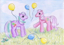 Size: 1024x721 | Tagged: safe, artist:normaleeinsane, character:pinkie pie, character:sweetberry, species:pony, g3, balloon, duo, flower, grass, traditional art