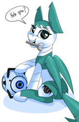 Size: 1255x1920 | Tagged: safe, artist:php97, species:pony, crossover, female, jenny wakeman, looking at you, mare, mouth hold, my life as a teenage robot, personality core, ponified, portal (valve), robot, robot pony, solo, wheatley