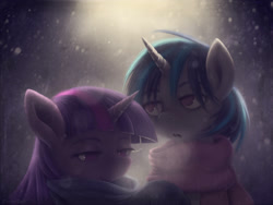 Size: 1031x774 | Tagged: safe, artist:swaetshrit, character:dj pon-3, character:twilight sparkle, character:vinyl scratch, breath, clothing, scarf, snow
